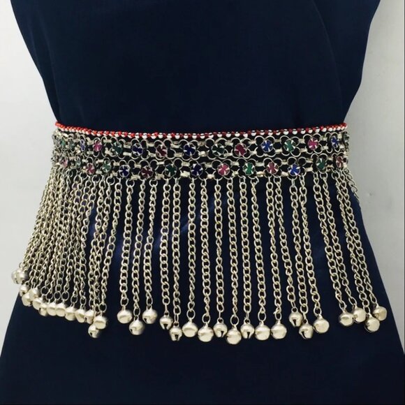 Tribal Belly Chain With Long Dangling Bells, Kuchi Belly Dance Belt - Picture 1 of 16
